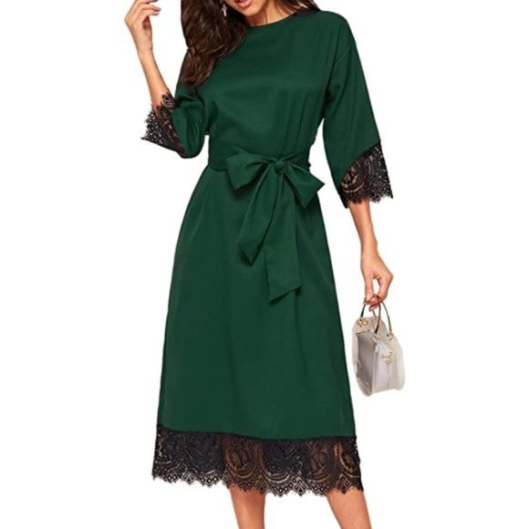 Dresses & Skirts - NWT Emerald Green Lace Trim Tie Waist Maxi Dress.